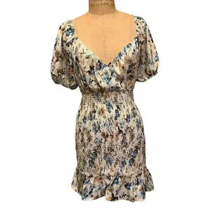 NSR Smocked Balloon Sleeve White Floral Dress Size M